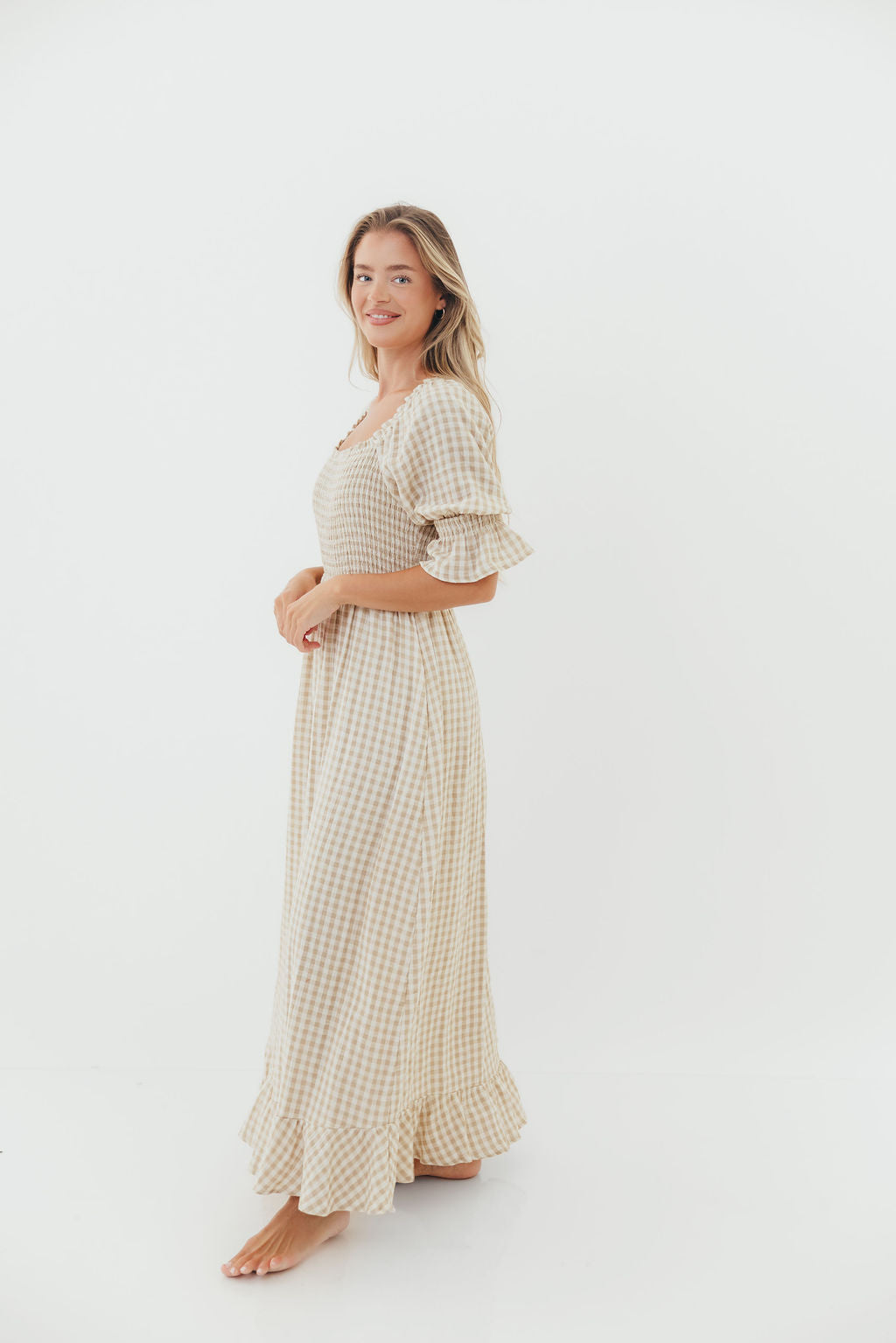 Sienna 100% Cotton Puff Sleeve Maxi Dress in Natural Plaid - Bump Friendly - Image 9