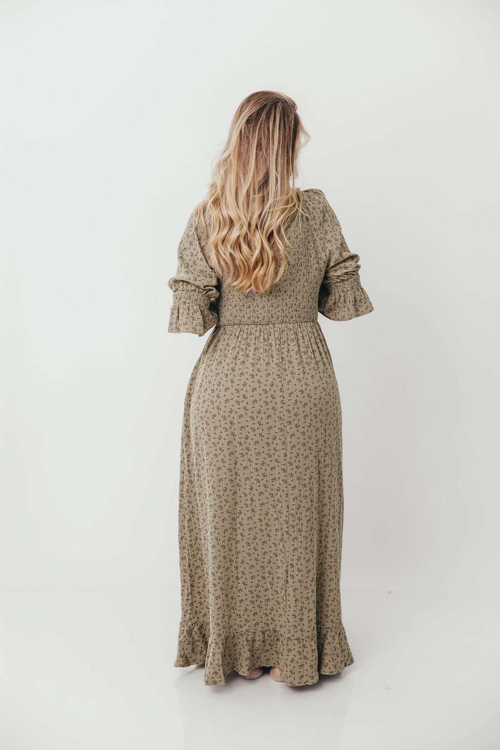 Sienna 100% Cotton Puff Sleeve Maxi Dress in Olive Foliage - Bump Friendly - Image 10