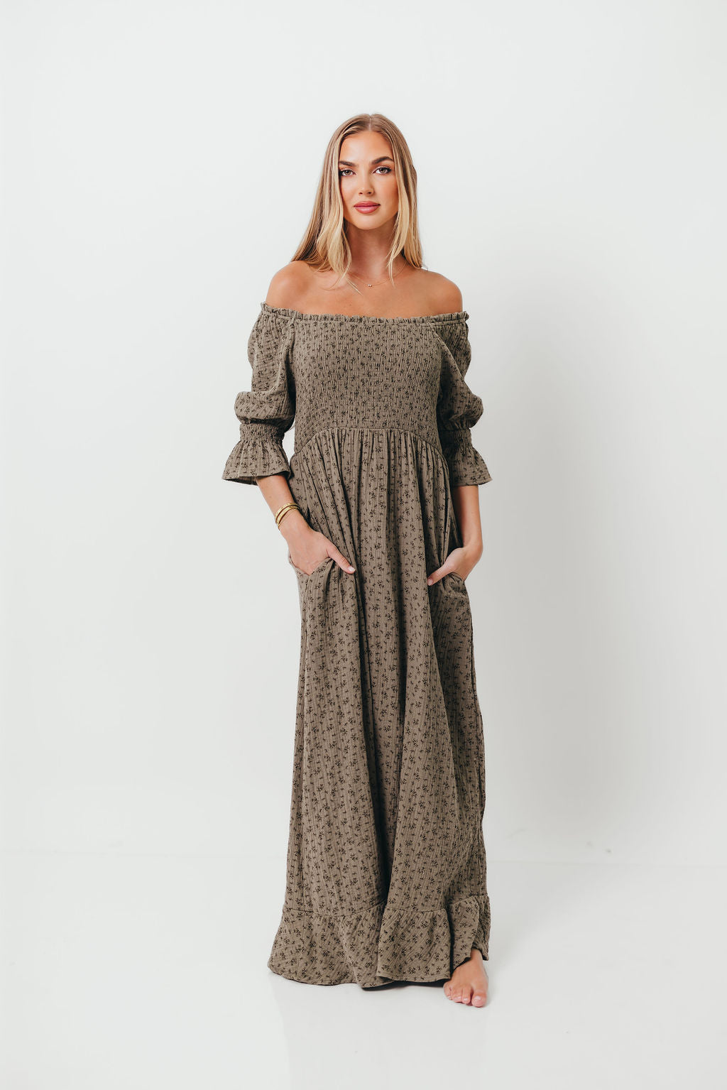 Sienna 100% Cotton Puff Sleeve Maxi Dress in Olive Foliage - Bump Friendly - Image 11
