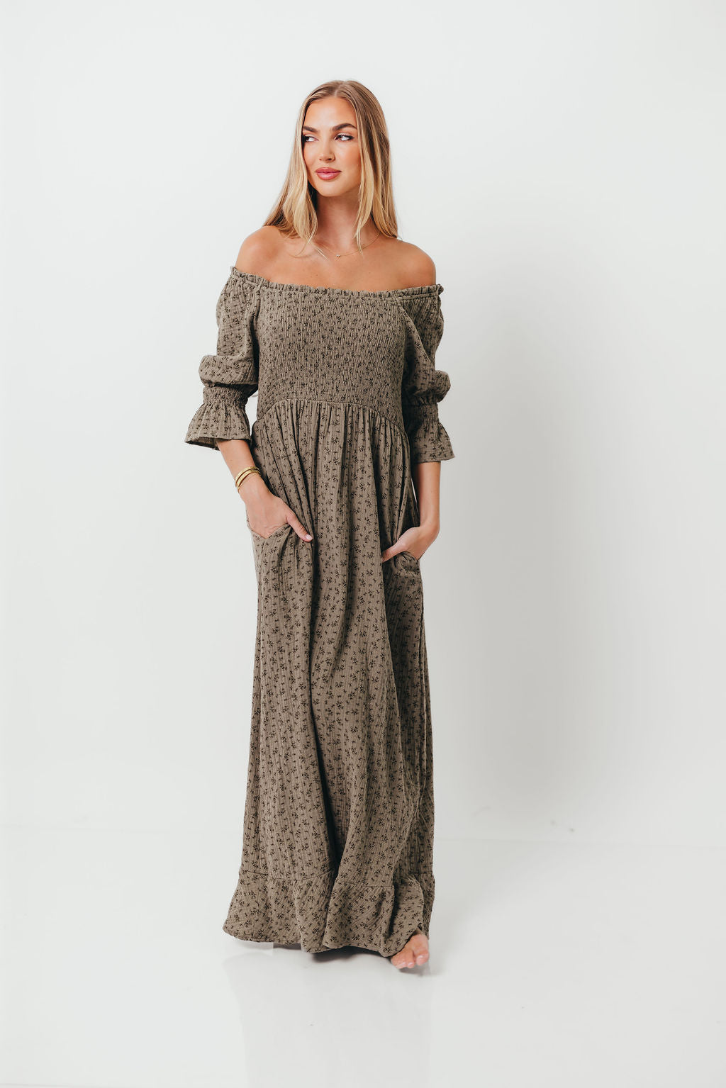 Sienna 100% Cotton Puff Sleeve Maxi Dress in Olive Foliage - Bump Friendly - Image 12