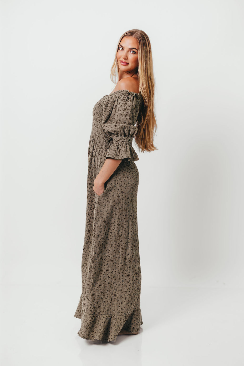 Sienna 100% Cotton Puff Sleeve Maxi Dress in Olive Foliage - Bump Friendly - Image 13