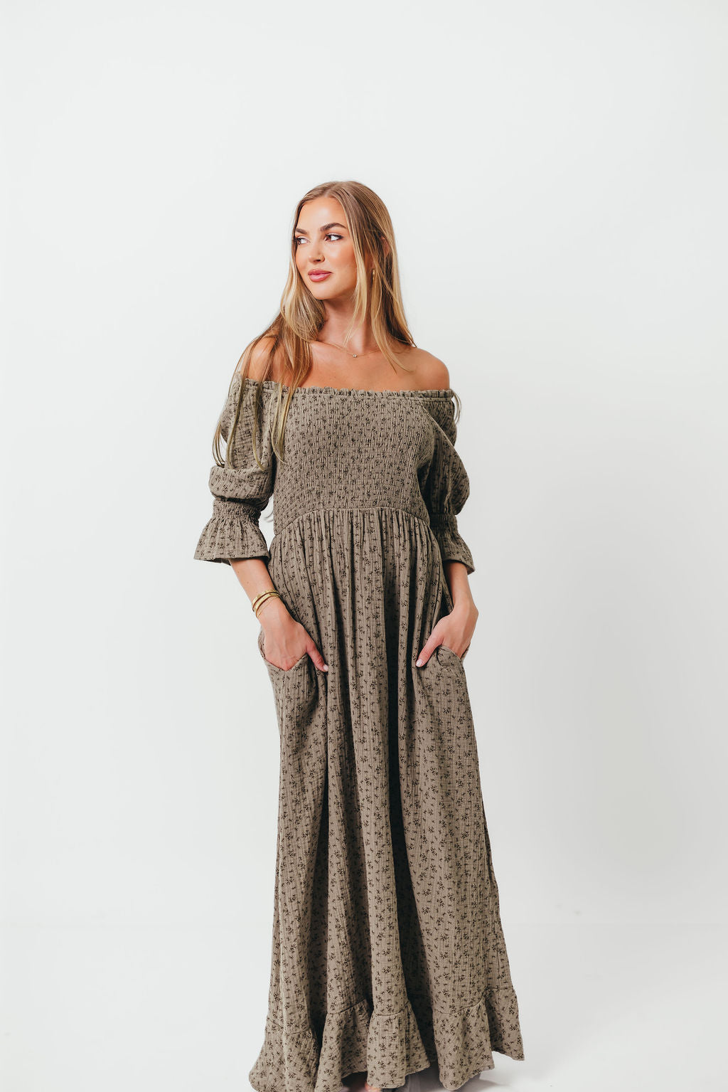 Sienna 100% Cotton Puff Sleeve Maxi Dress in Olive Foliage - Bump Friendly - Image 14