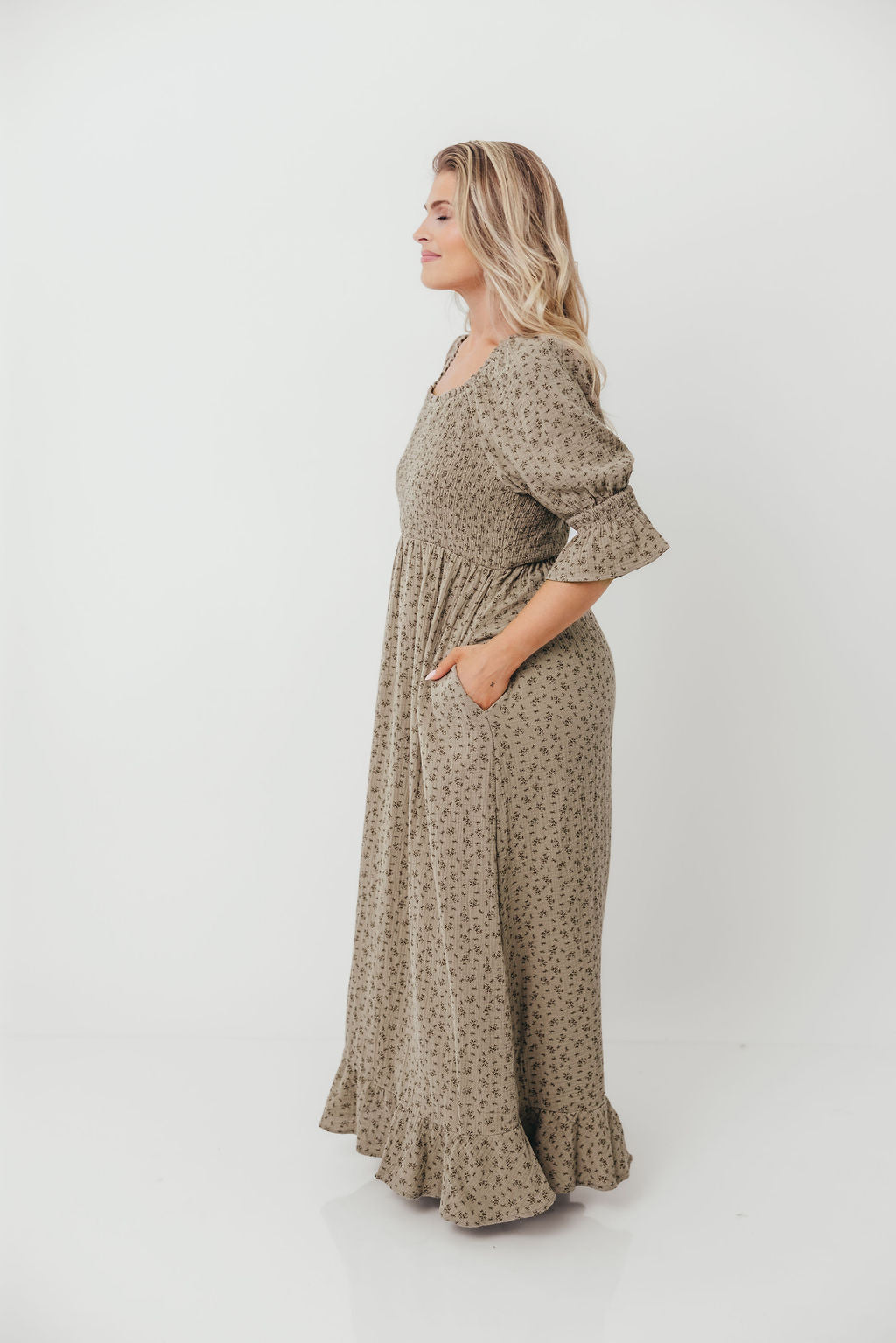 Sienna 100% Cotton Puff Sleeve Maxi Dress in Olive Foliage - Bump Friendly - Image 17