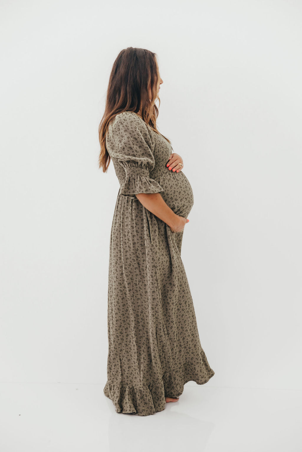 Sienna 100% Cotton Puff Sleeve Maxi Dress in Olive Foliage - Bump Friendly - Image 20