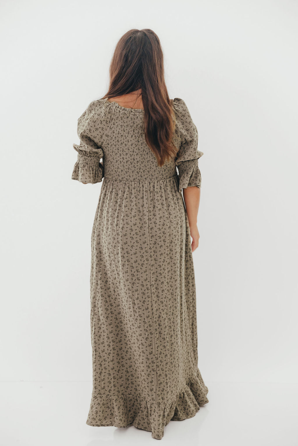 Sienna 100% Cotton Puff Sleeve Maxi Dress in Olive Foliage - Bump Friendly - Image 21