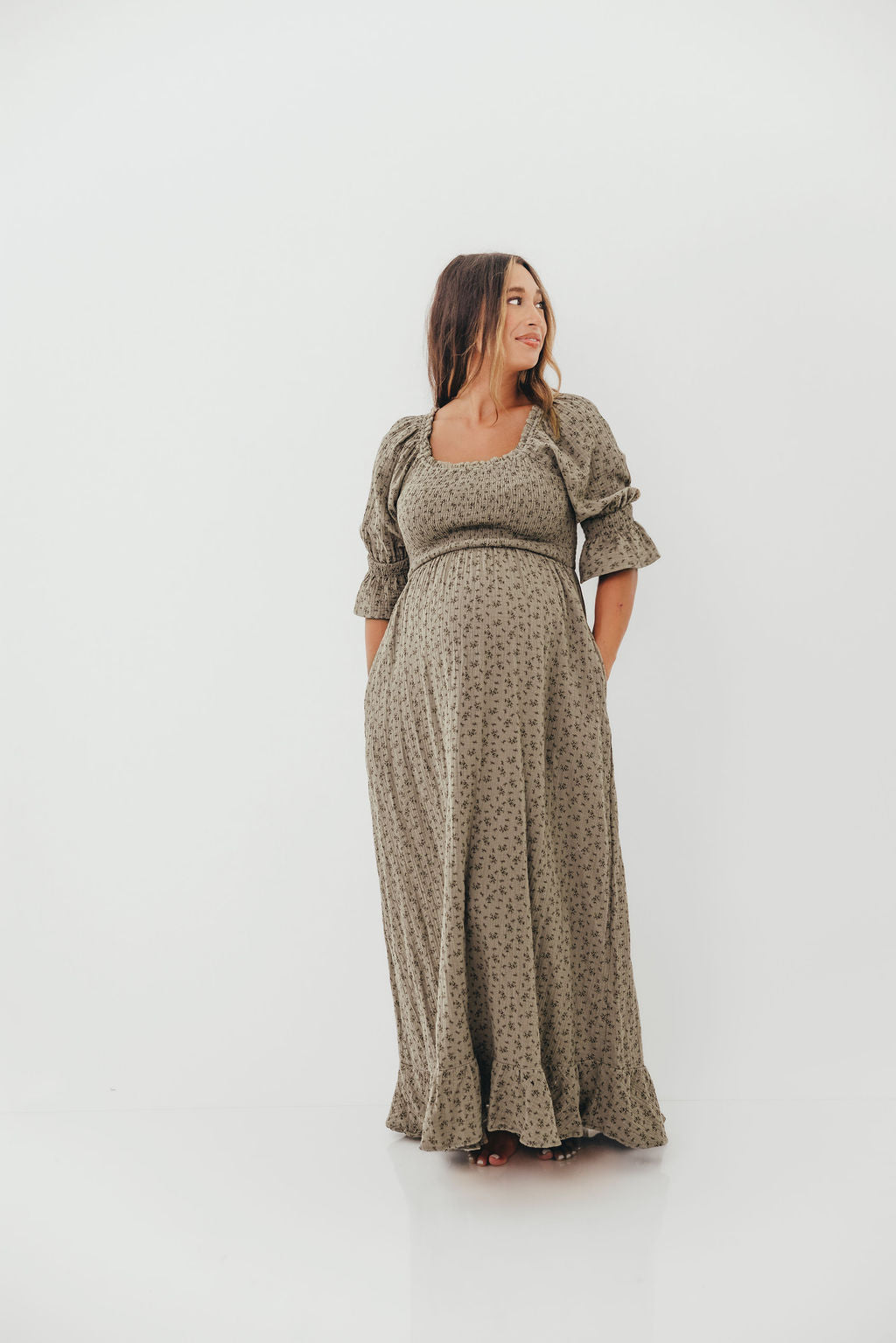 Sienna 100% Cotton Puff Sleeve Maxi Dress in Olive Foliage - Bump Friendly - Image 22