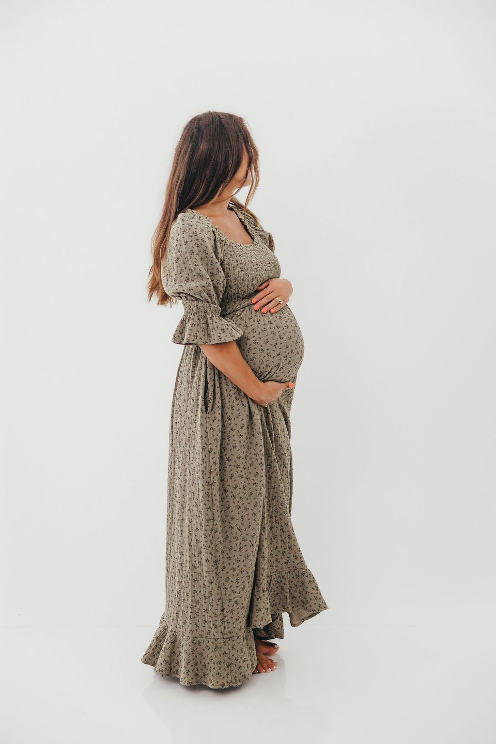 Sienna 100% Cotton Puff Sleeve Maxi Dress in Olive Foliage - Bump Friendly - Image 23