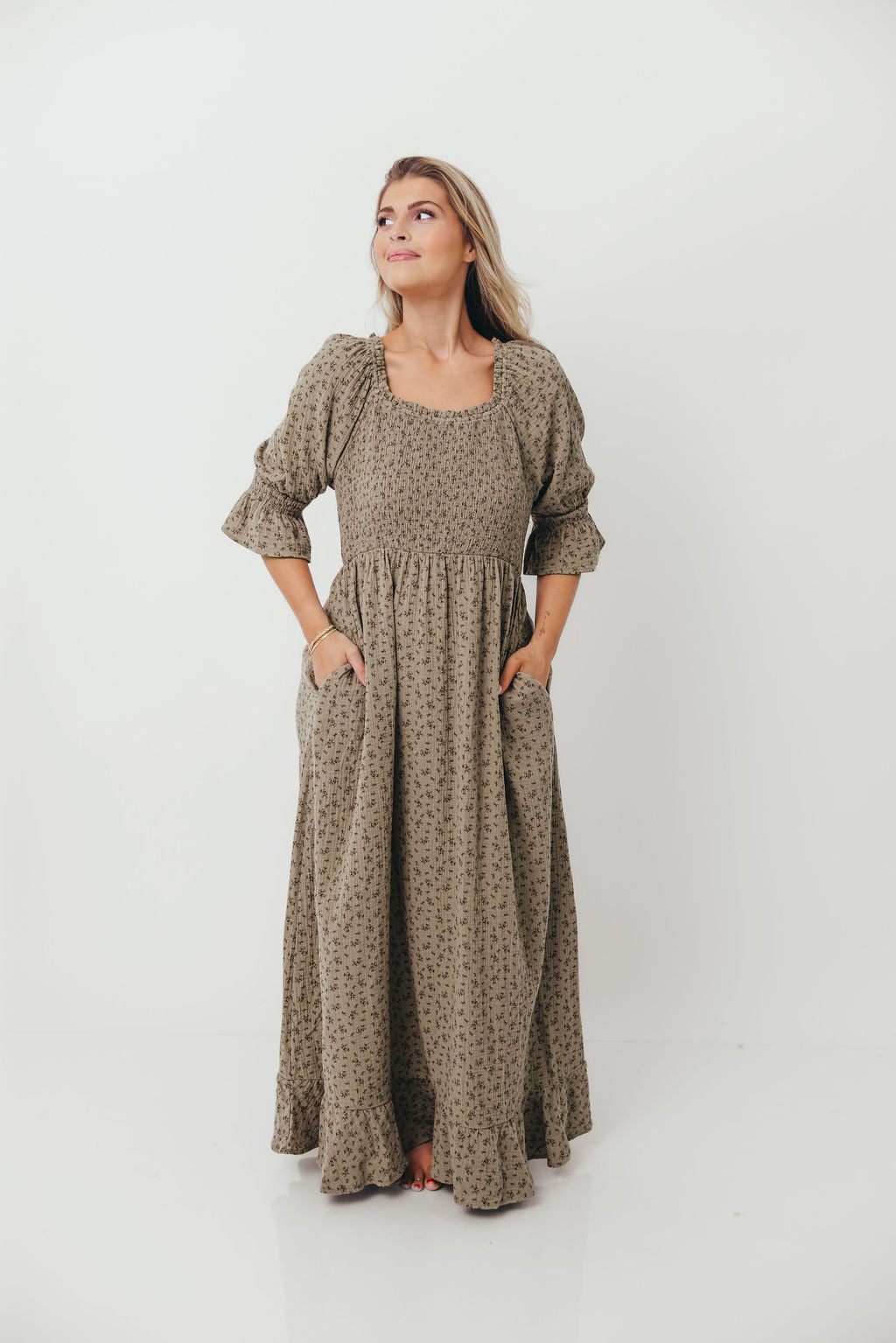 Sienna 100% Cotton Puff Sleeve Maxi Dress in Olive Foliage - Bump Friendly - Image 3