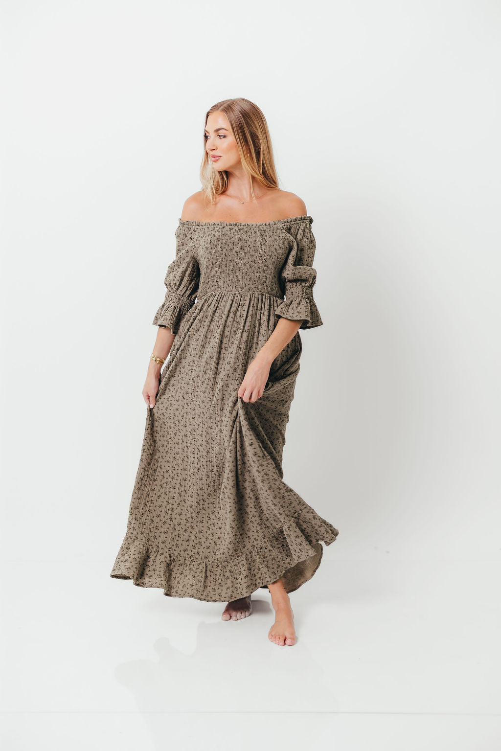 Sienna 100% Cotton Puff Sleeve Maxi Dress in Olive Foliage - Bump Friendly - Image 4