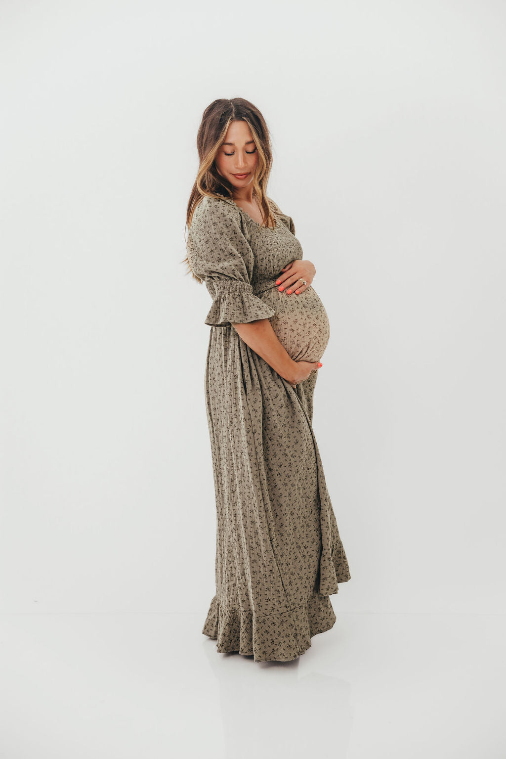 Sienna 100% Cotton Puff Sleeve Maxi Dress in Olive Foliage - Bump Friendly - Image 6