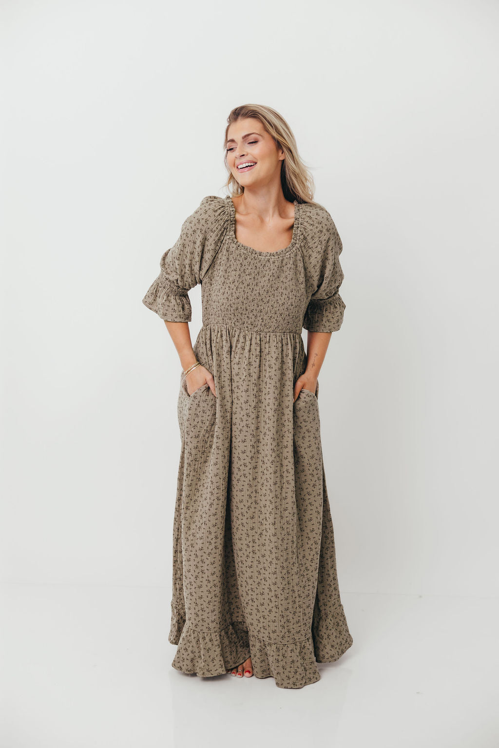 Sienna 100% Cotton Puff Sleeve Maxi Dress in Olive Foliage - Bump Friendly - Image 8