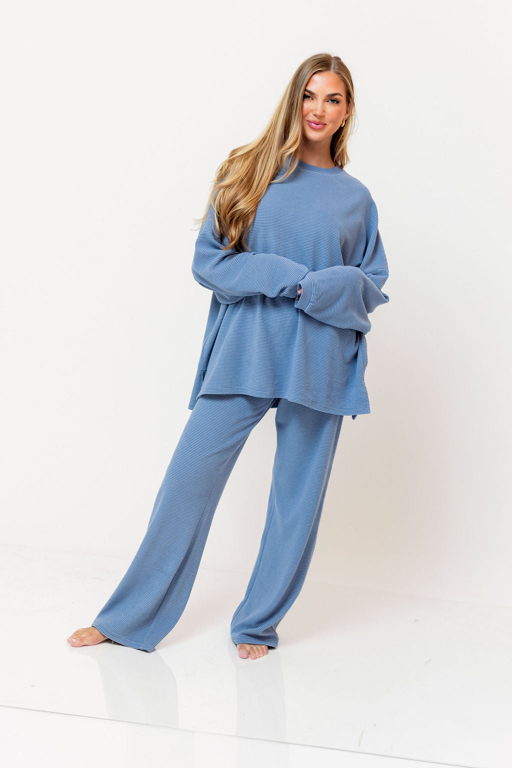 Naomi Striped Oversized Fleece Long Sleeve Top in Sky Blue - Bump Friendly - Image 2