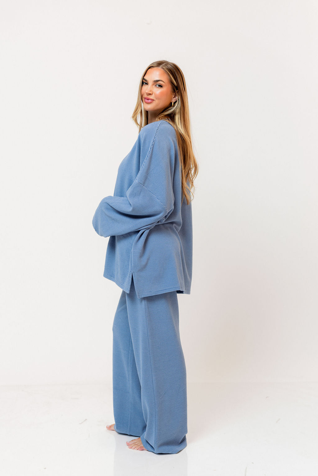 Naomi Striped Oversized Fleece Long Sleeve Top in Sky Blue - Bump Friendly - Image 3