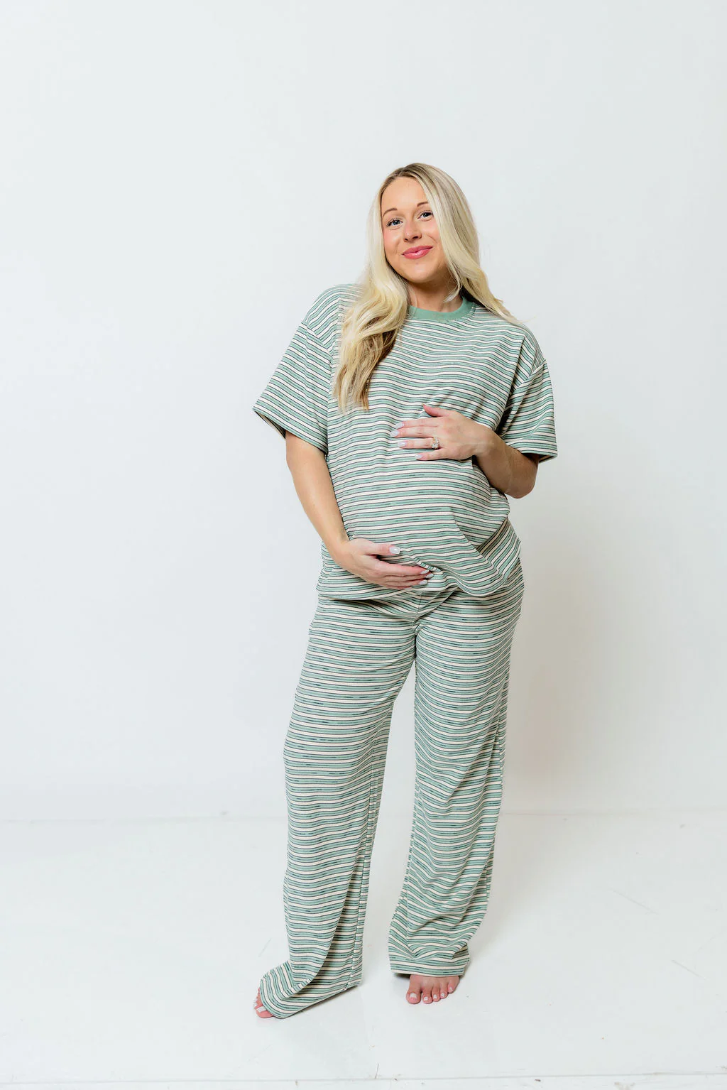 Naomi Striped Fleece Oversized Short Sleeve Top in Sage - Image 10