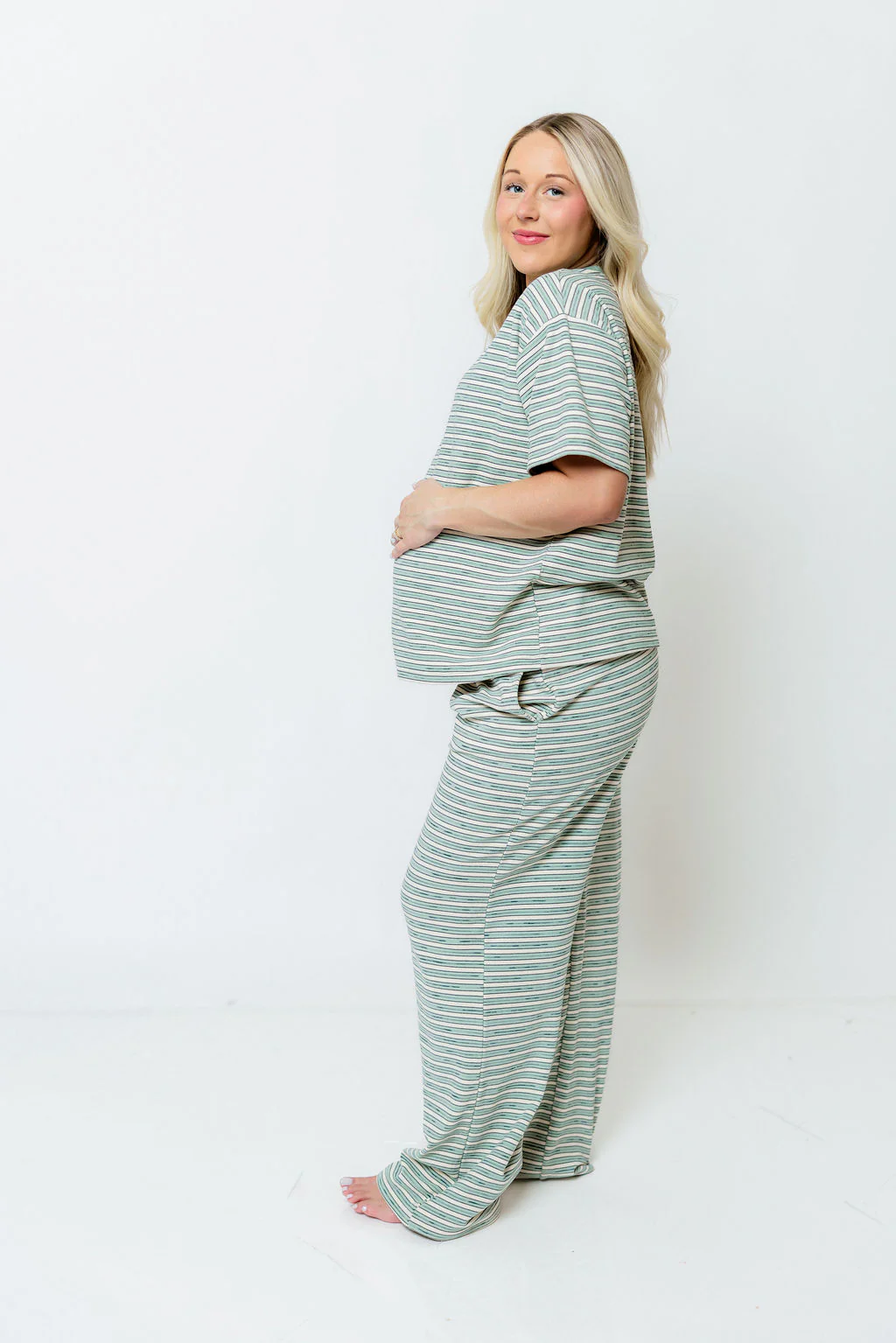 Naomi Striped Fleece Oversized Short Sleeve Top in Sage - Image 12