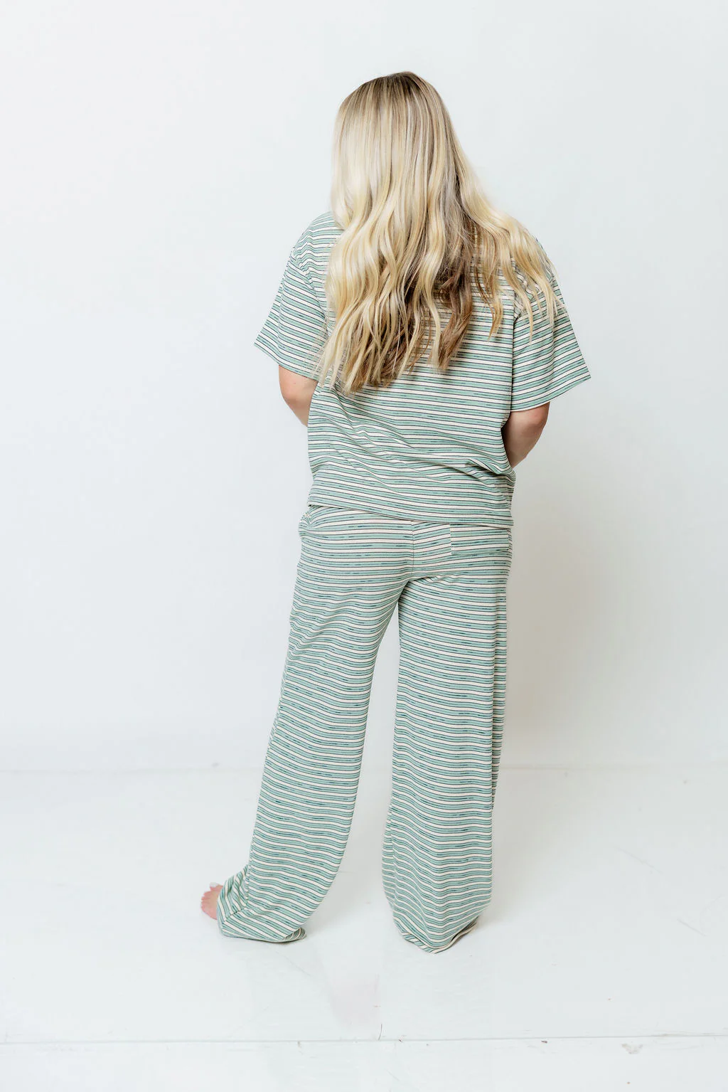 Naomi Striped Fleece Oversized Short Sleeve Top in Sage - Image 13