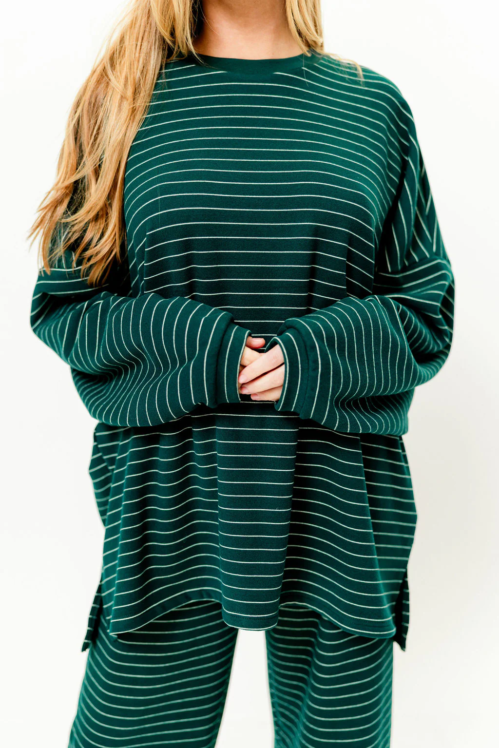 Naomi Striped Fleece Oversized Long Sleeve Top in Green - Image 6