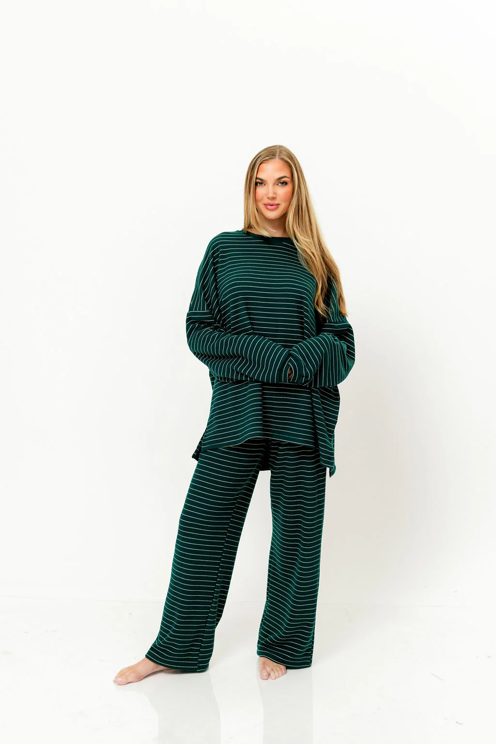 Naomi Striped Fleece Oversized Long Sleeve Top in Green - Image 7