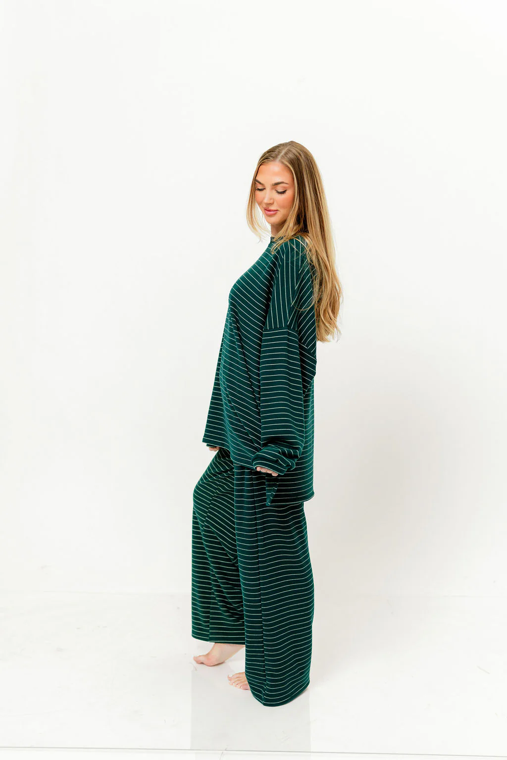 Naomi Striped Fleece Oversized Long Sleeve Top in Green - Image 8