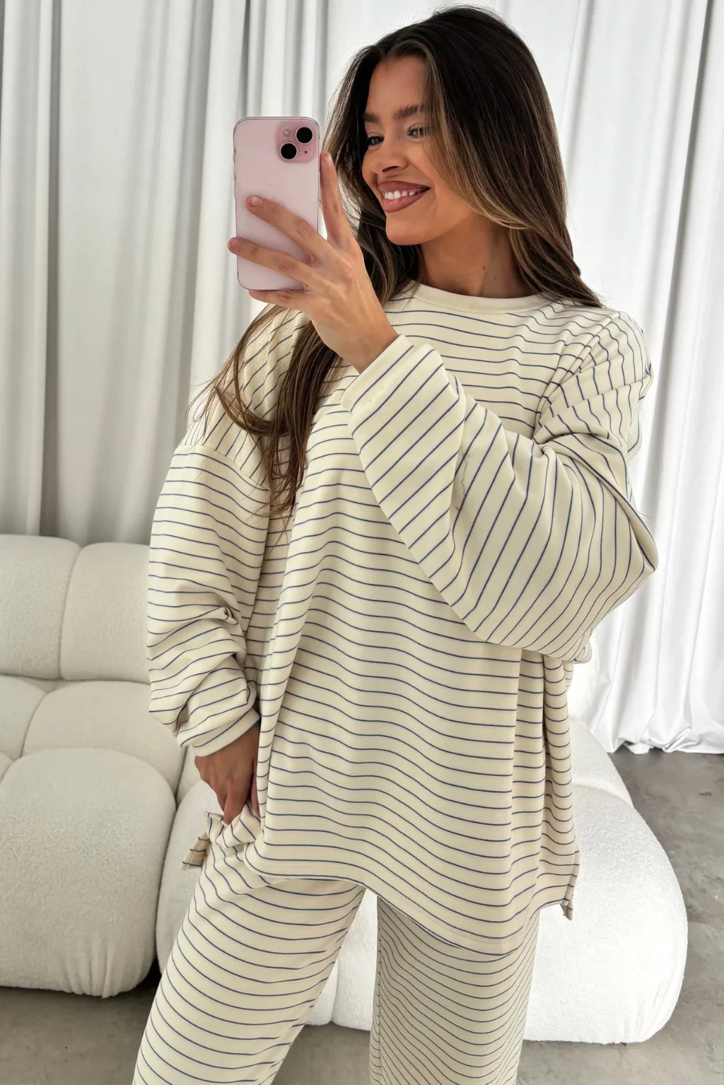 Campbell Striped Fleece Lounge Pants in Ivory - Image 4