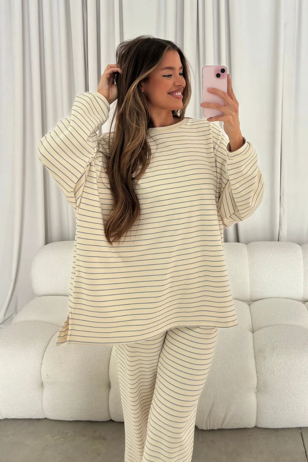 Campbell Striped Fleece Lounge Pants in Ivory - Image 6