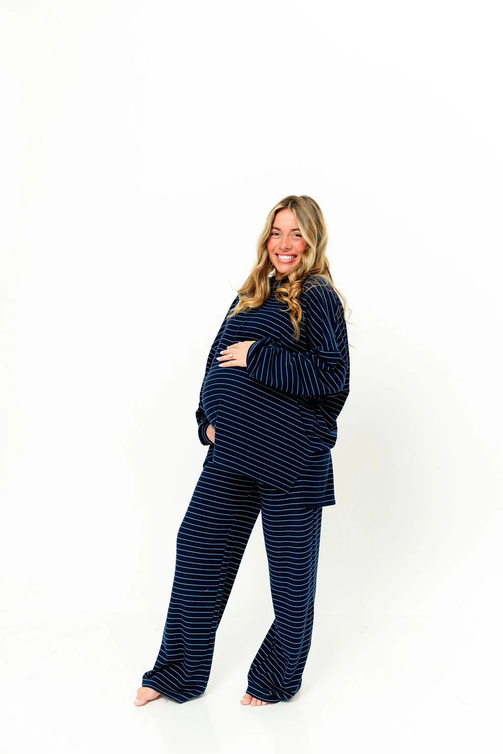 Naomi Striped Fleece Oversized Long Sleeve Top in Navy - Image 11