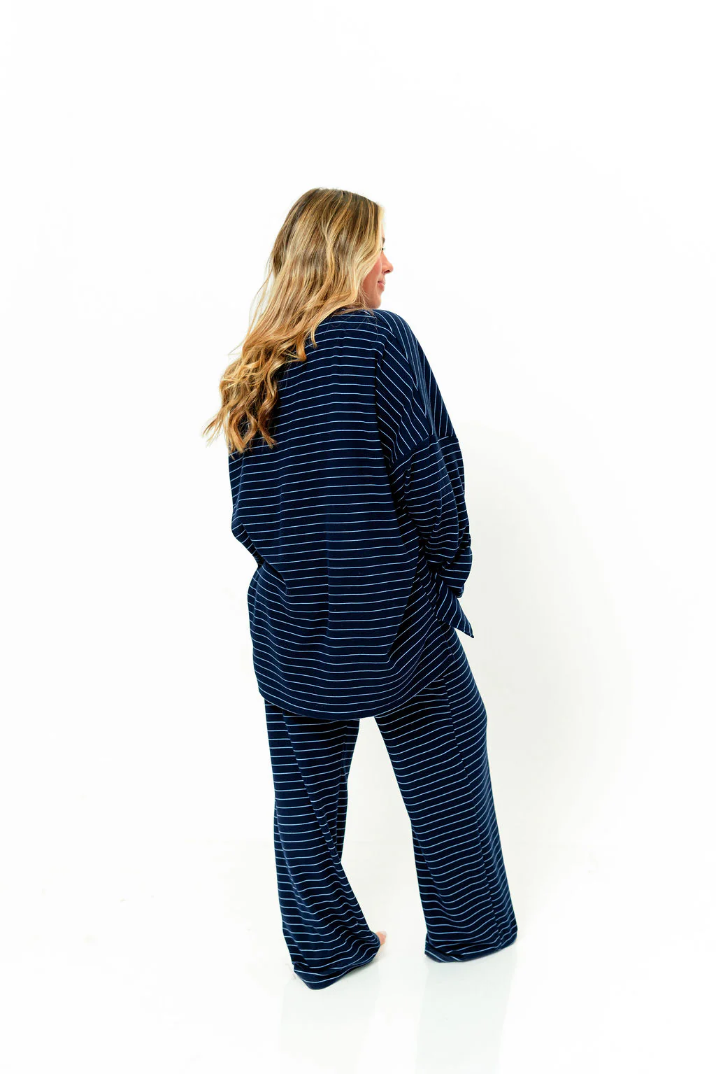 Naomi Striped Fleece Oversized Long Sleeve Top in Navy - Image 12