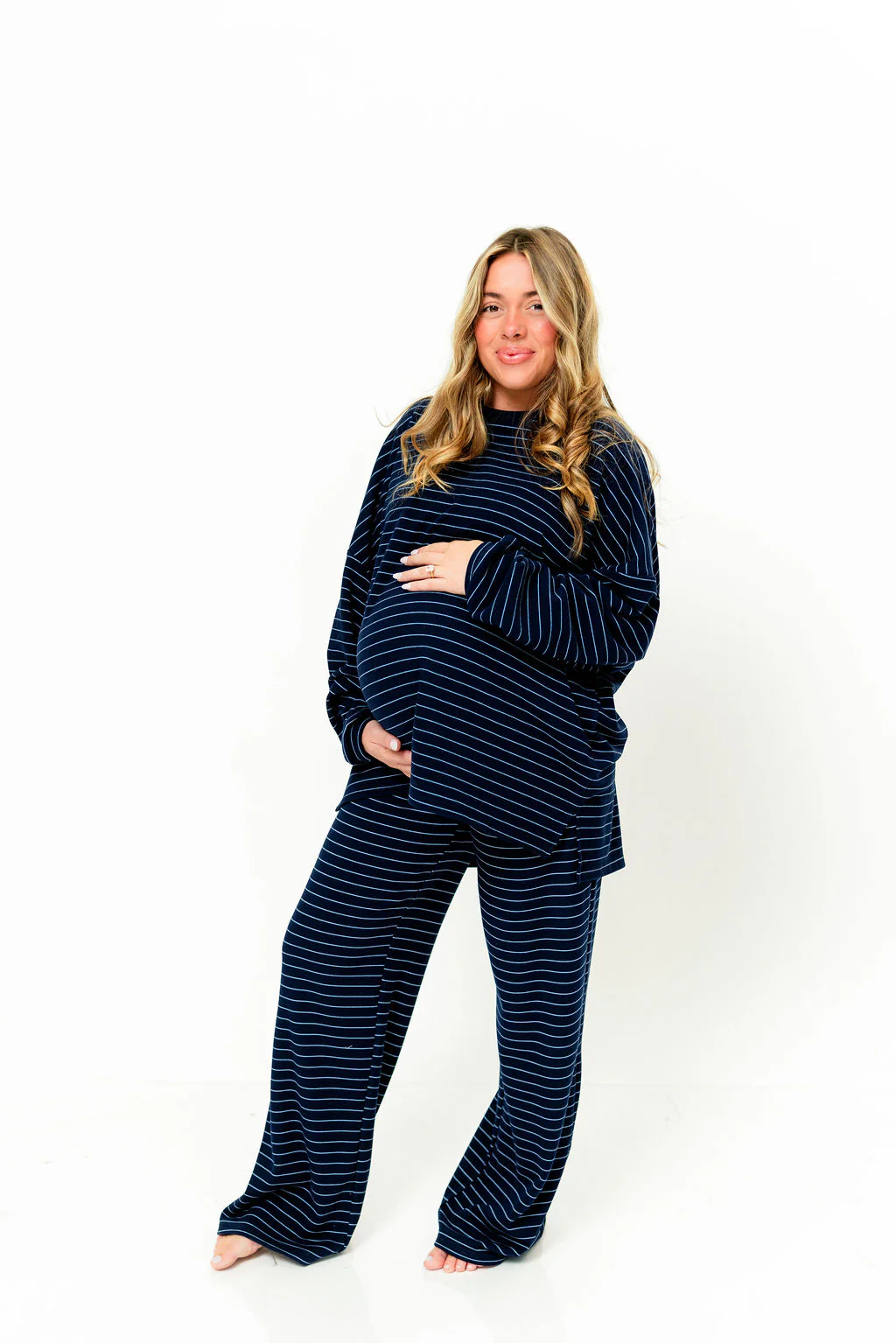 Naomi Striped Fleece Oversized Long Sleeve Top in Navy - Image 9