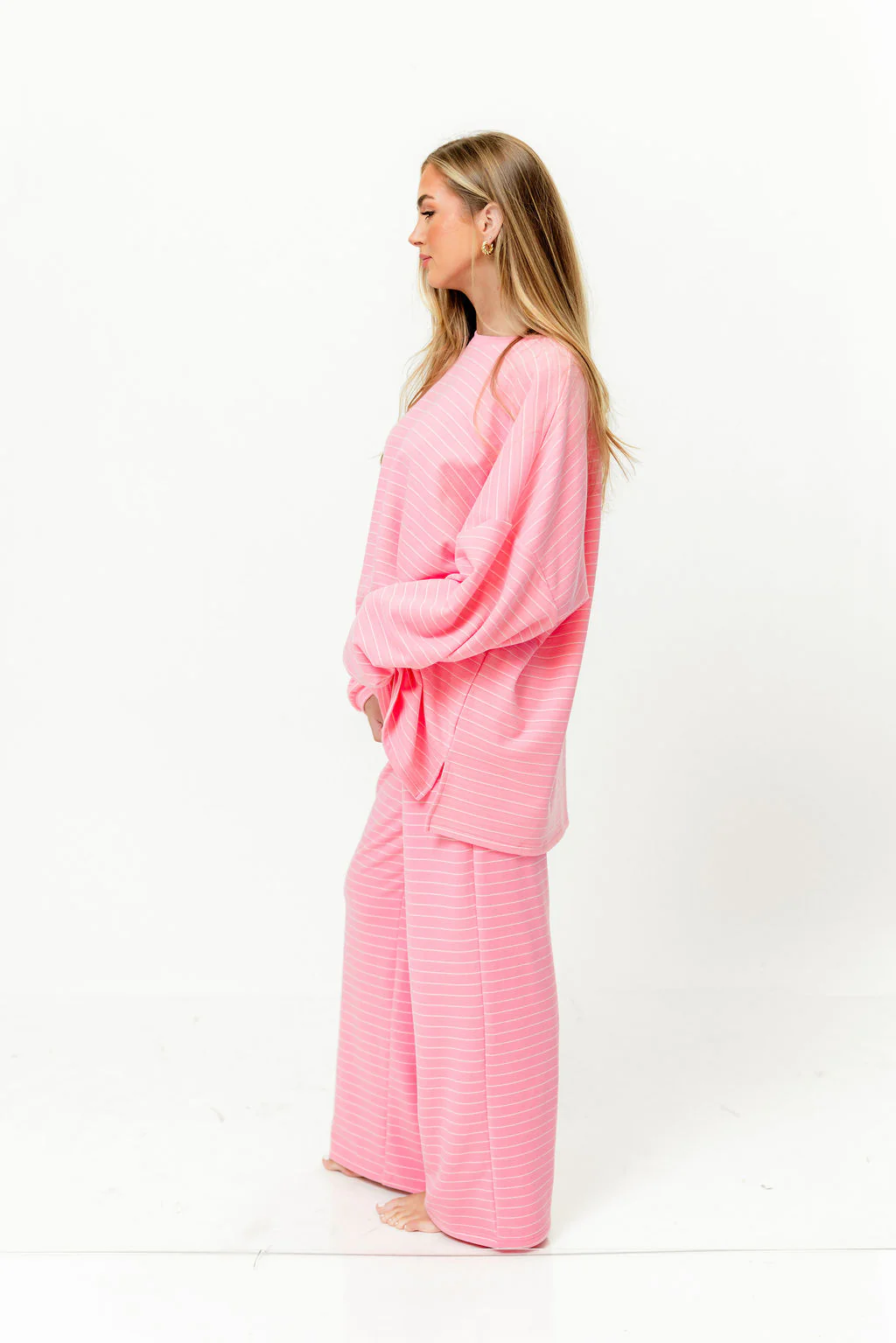 Naomi Striped Fleece Oversized Long Sleeve Top in Pink - Image 10