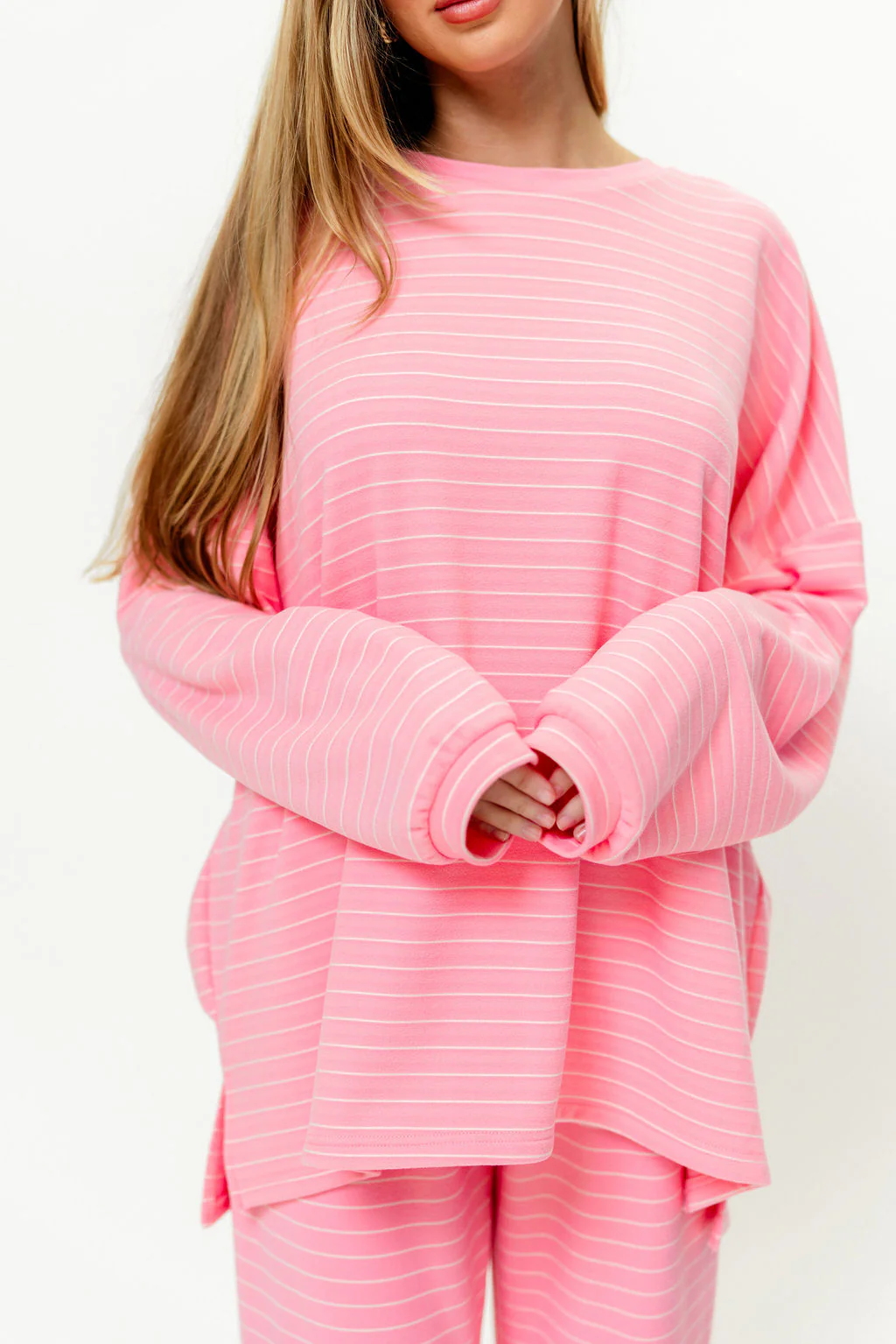 Naomi Striped Fleece Oversized Long Sleeve Top in Pink - Image 11