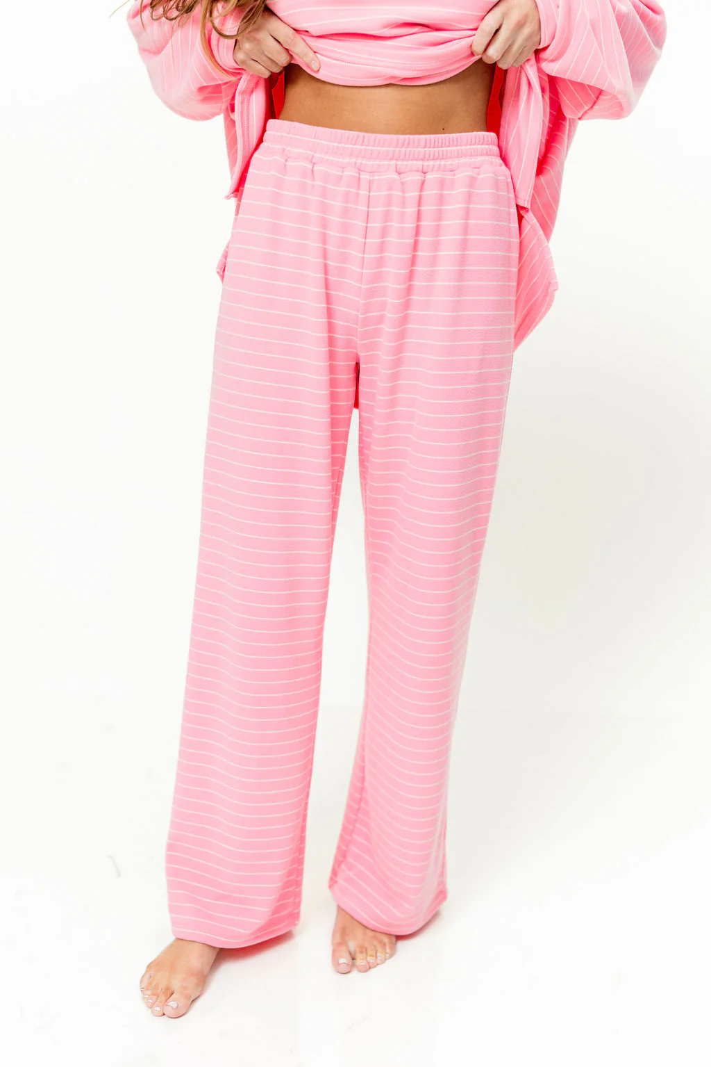 Naomi Striped Fleece Oversized Long Sleeve Top in Pink - Image 12