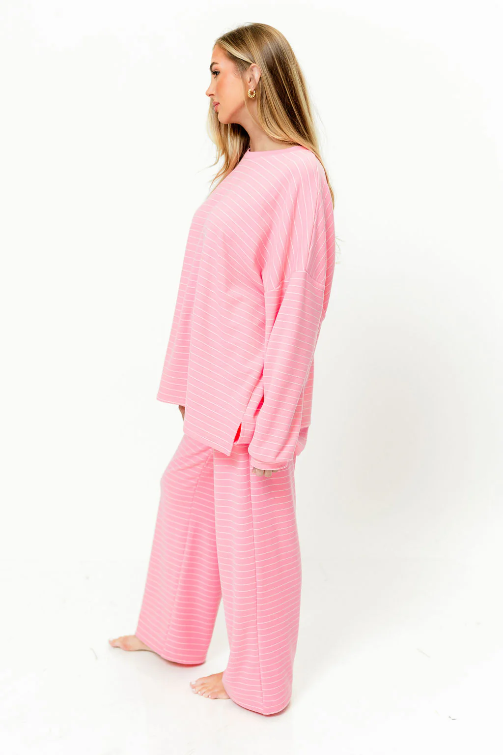 Naomi Striped Fleece Oversized Long Sleeve Top in Pink - Image 13