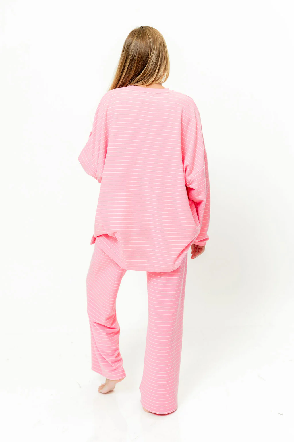 Naomi Striped Fleece Oversized Long Sleeve Top in Pink - Image 14