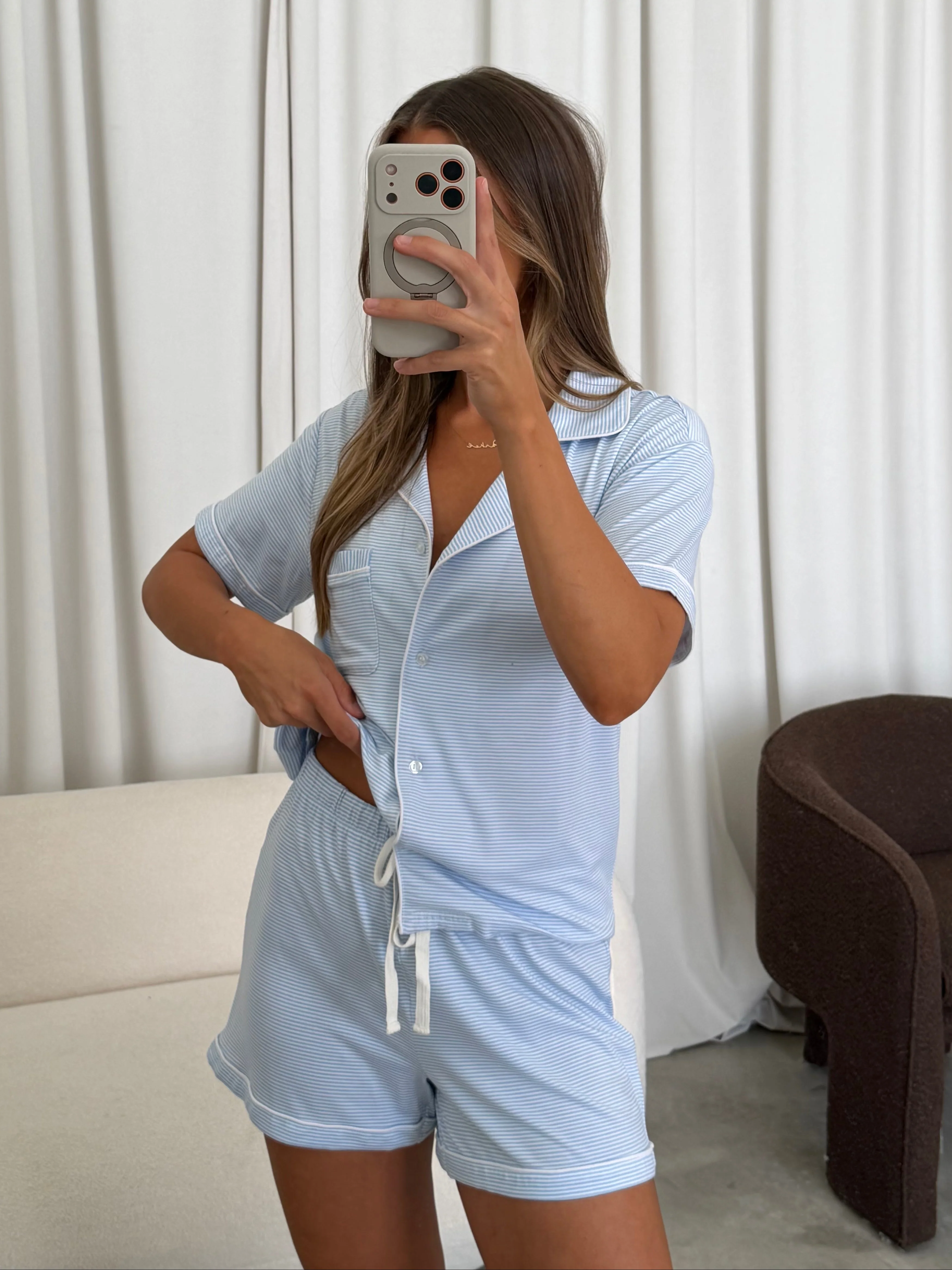 Nella Pajama Set in Light Blue Stripe - Image 2