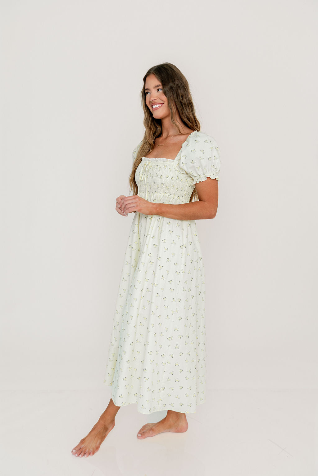 Nya 100% Cotton Midi Dress in Cream/Green Floral - Image 4