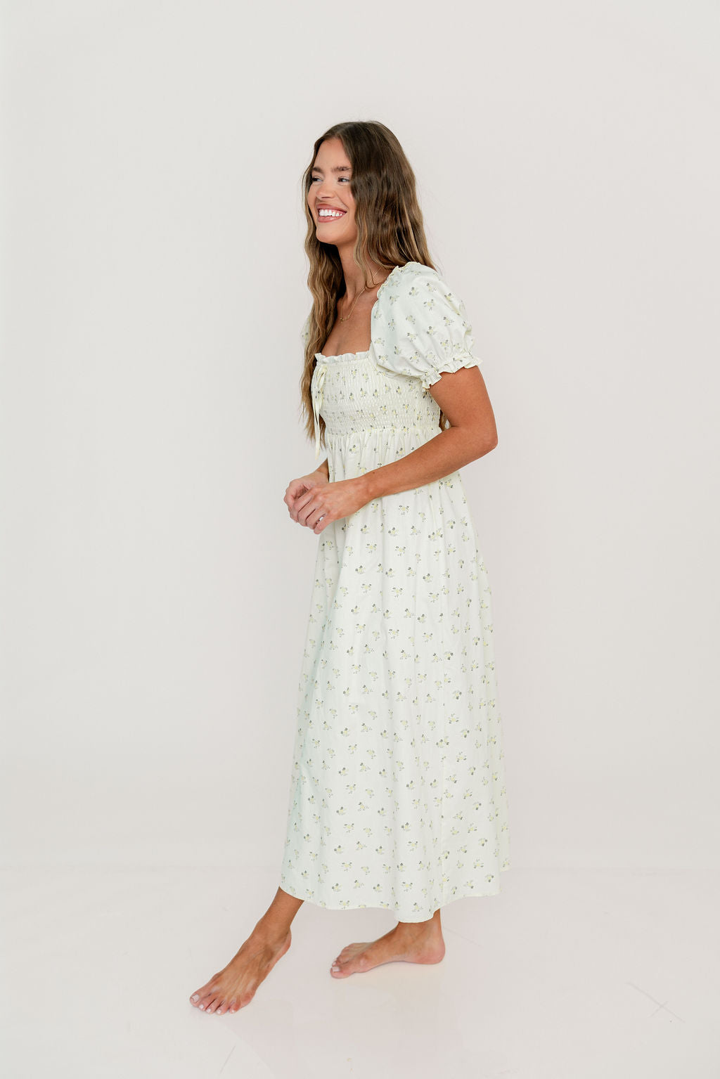 Nya 100% Cotton Midi Dress in Cream/Green Floral - Image 5