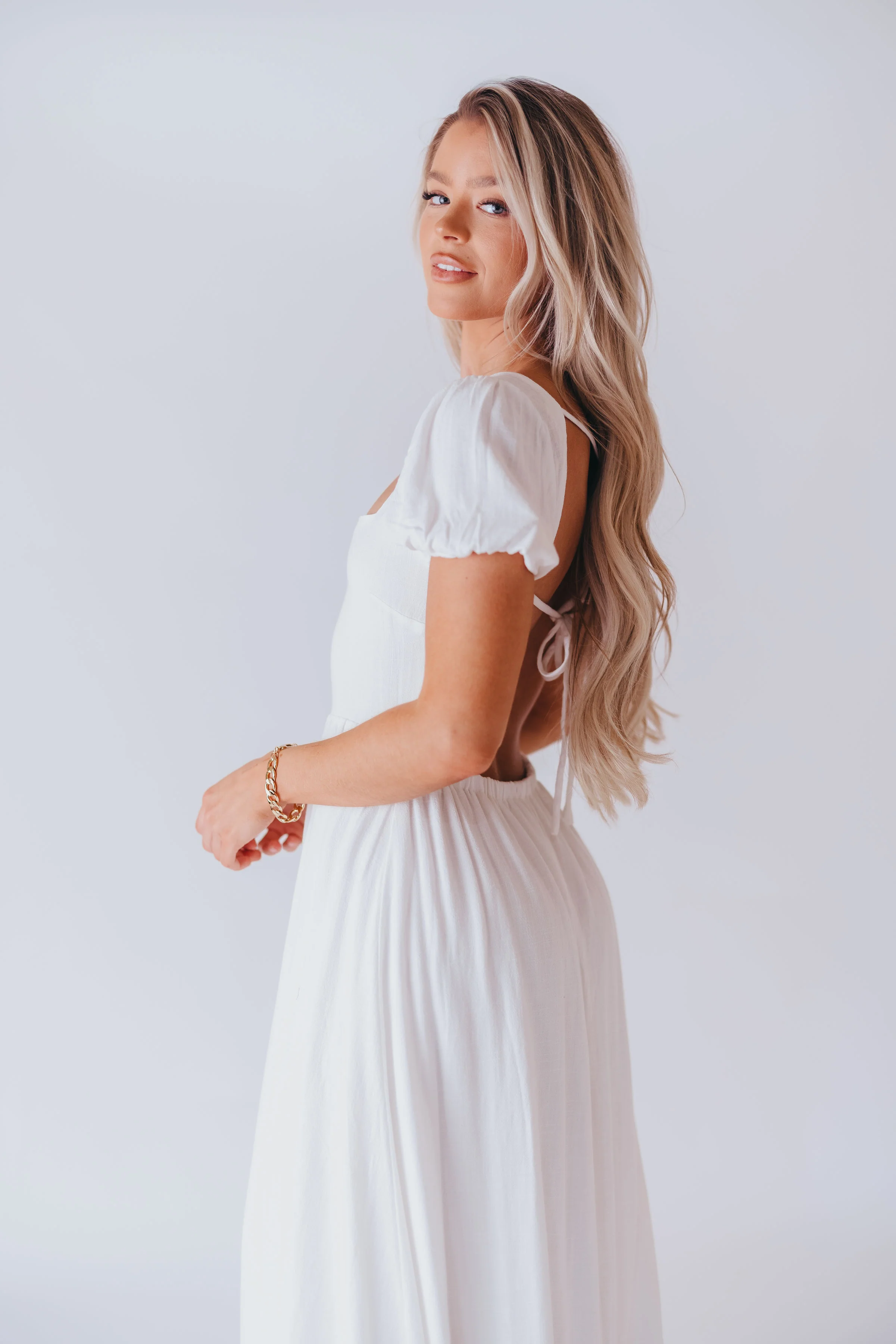 August Open Back Midi Dress in White - Bump Friendly - Image 6