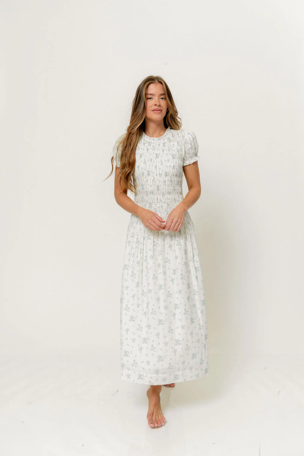 Orchard 100% Cotton Smocked Maxi Dress in Off White/Blue - Bump Friendly - Image 2