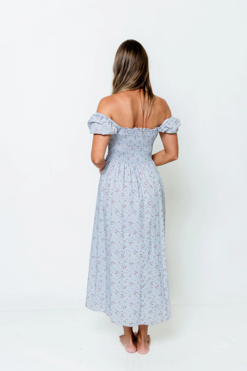 Nya 100% Cotton Smocked Midi Dress in Blue Multi Floral - Image 13