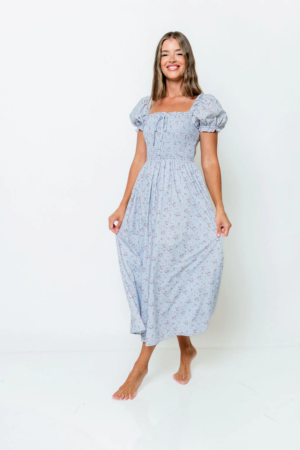Nya 100% Cotton Smocked Midi Dress in Blue Multi Floral - Image 9