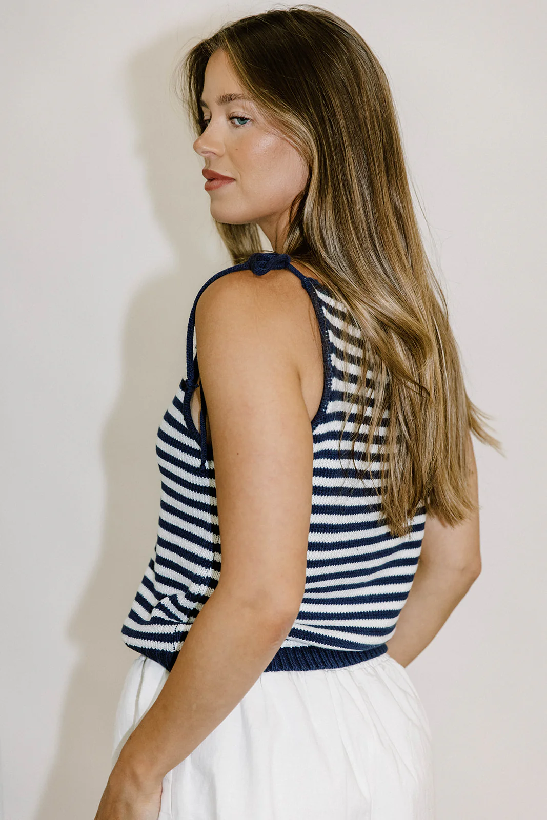 Perla Striped Knit Sweater Tank Top in Navy/White - Image 3