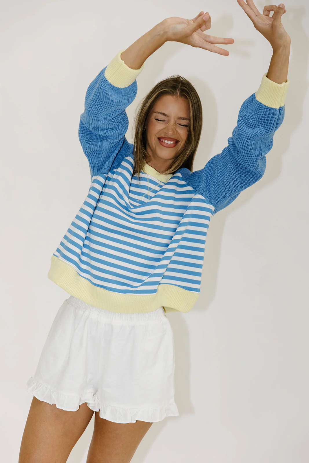 Perry Contrast Pullover Top with Sweater Hem and Sleeves in Blue/White Stripe - Image 10
