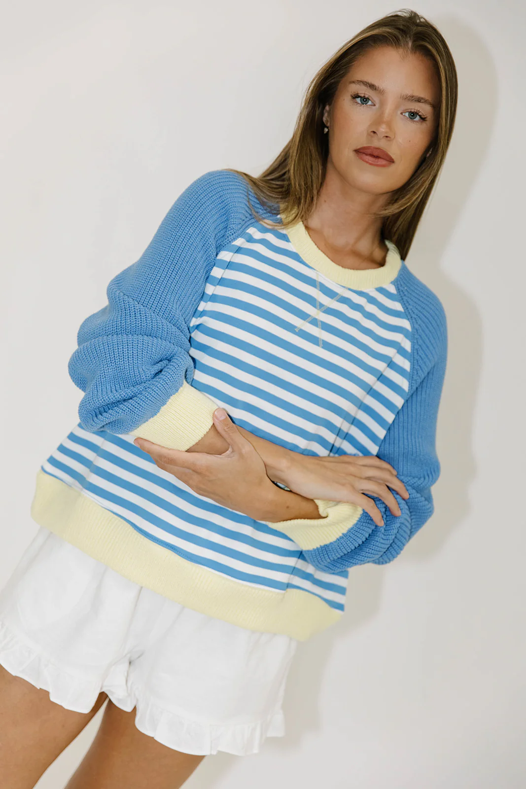 Perry Contrast Pullover Top with Sweater Hem and Sleeves in Blue/White Stripe - Image 4
