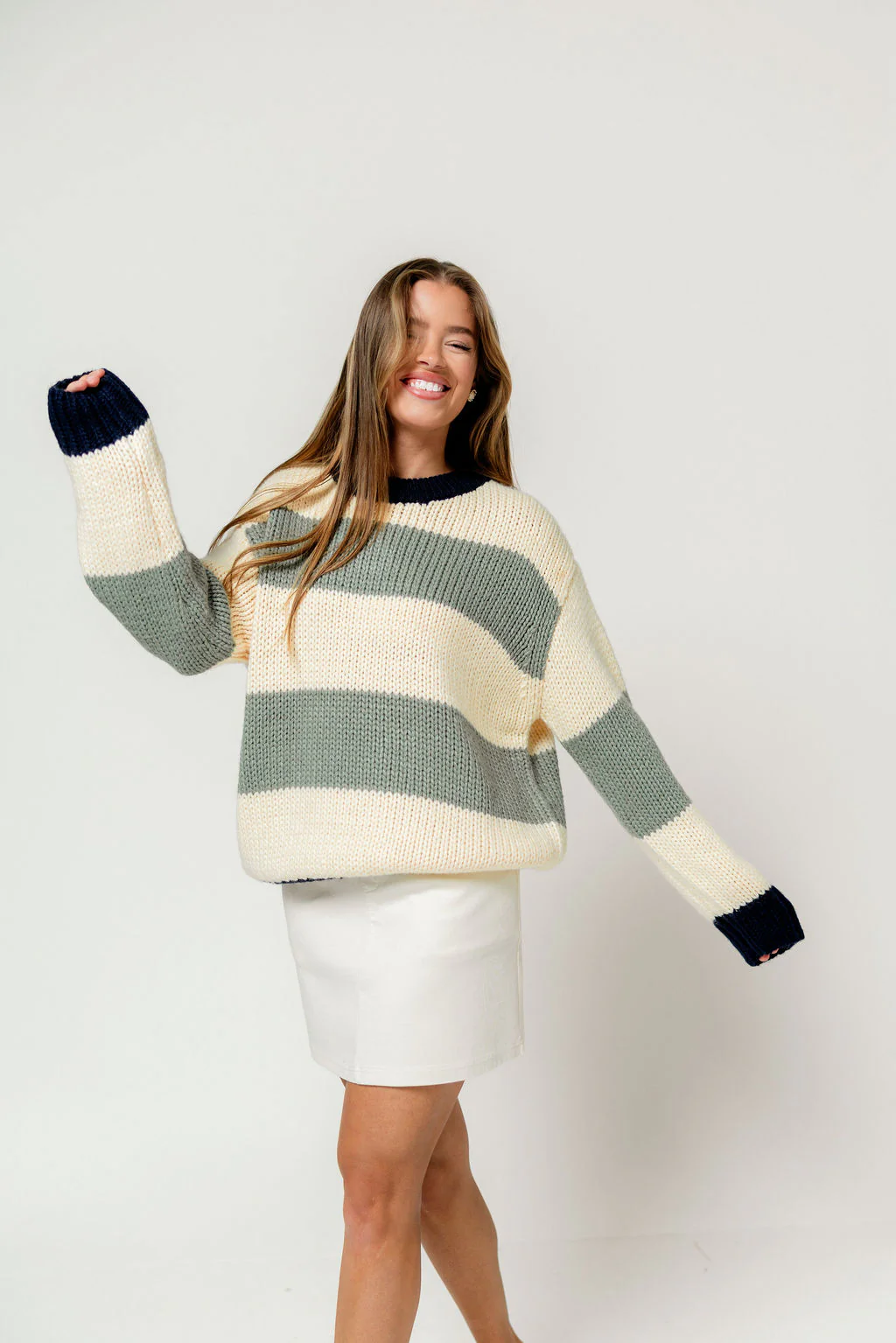 Petey Wide Stripe Sweater in Navy/Sage *Final Sale* - Image 3