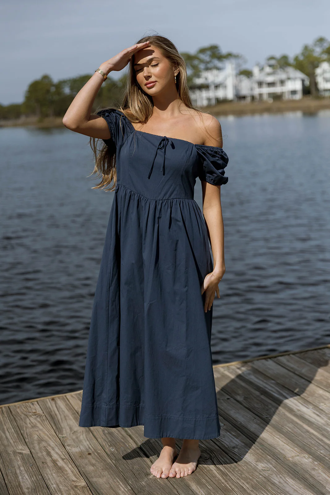 Sheila Puff Sleeve Midi Dress in Navy - Image 10