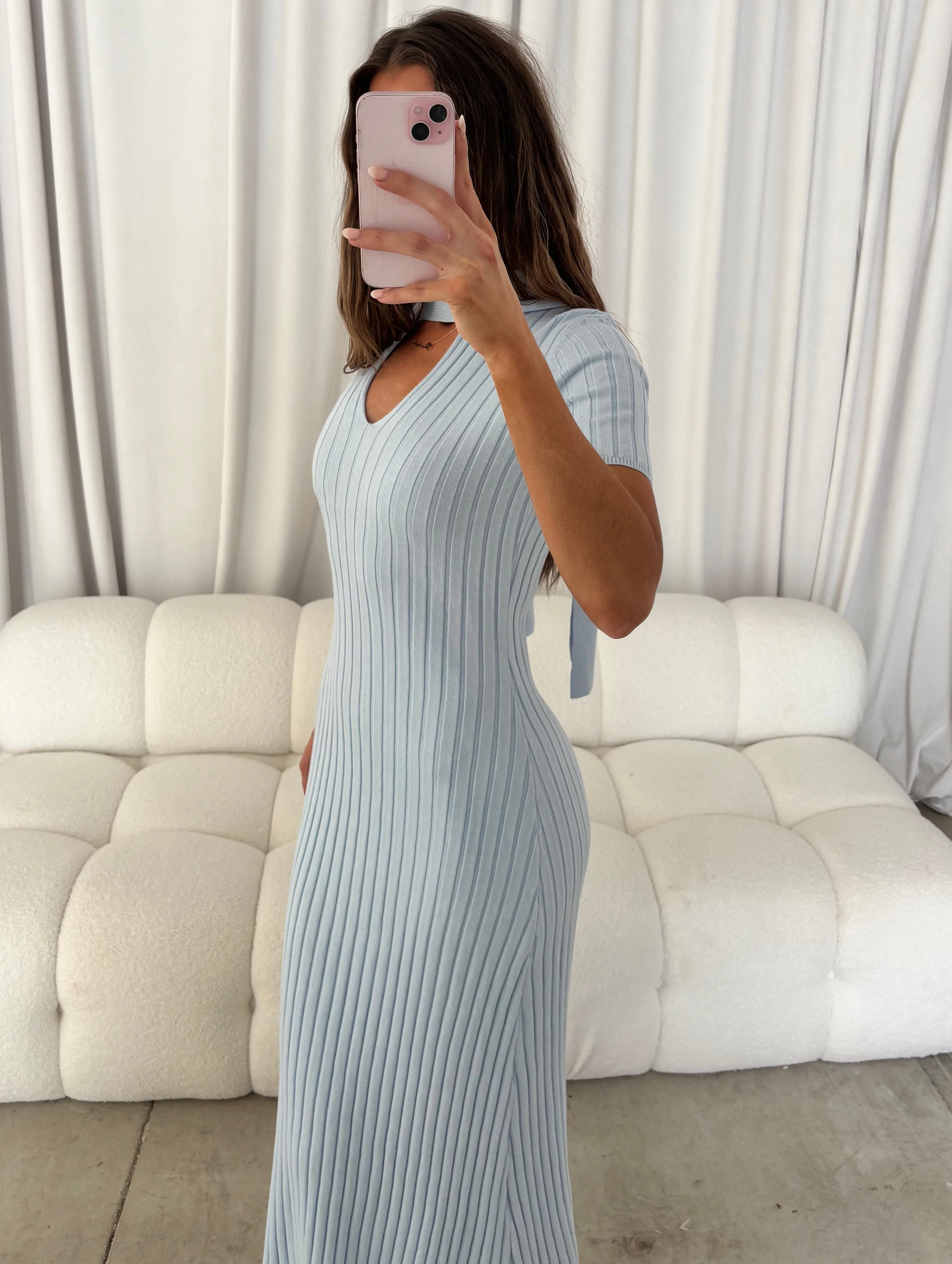 Rebecca Bow Detail Rib-Knit Maxi Dress in Sky - Image 2