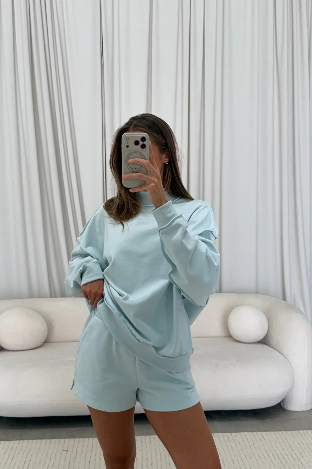 Tillie Relaxed Mock Neck Pullover and Shorts Set in Baby Blue