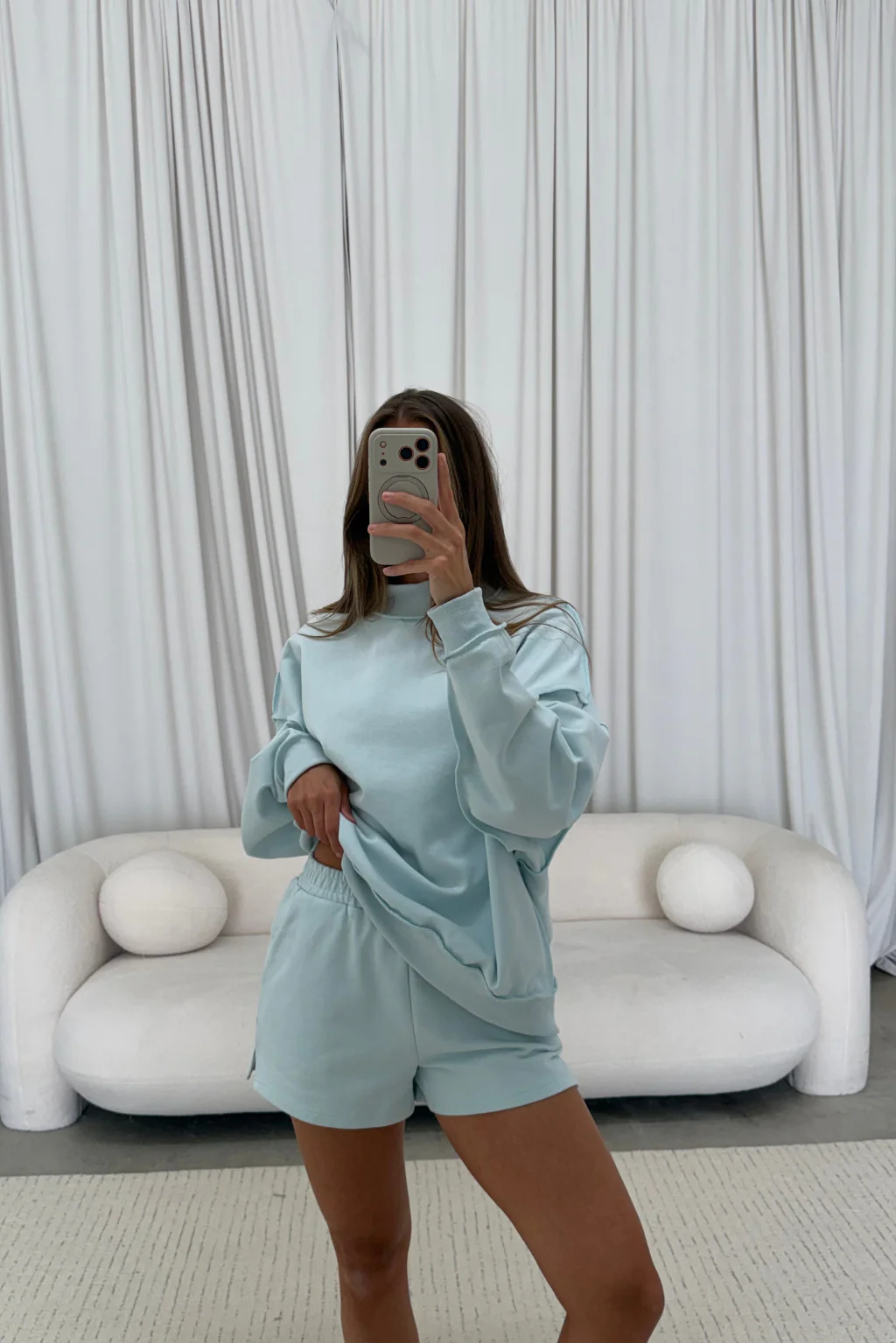 Tillie Relaxed Mock Neck Pullover and Shorts Set in Baby Blue - Image 2