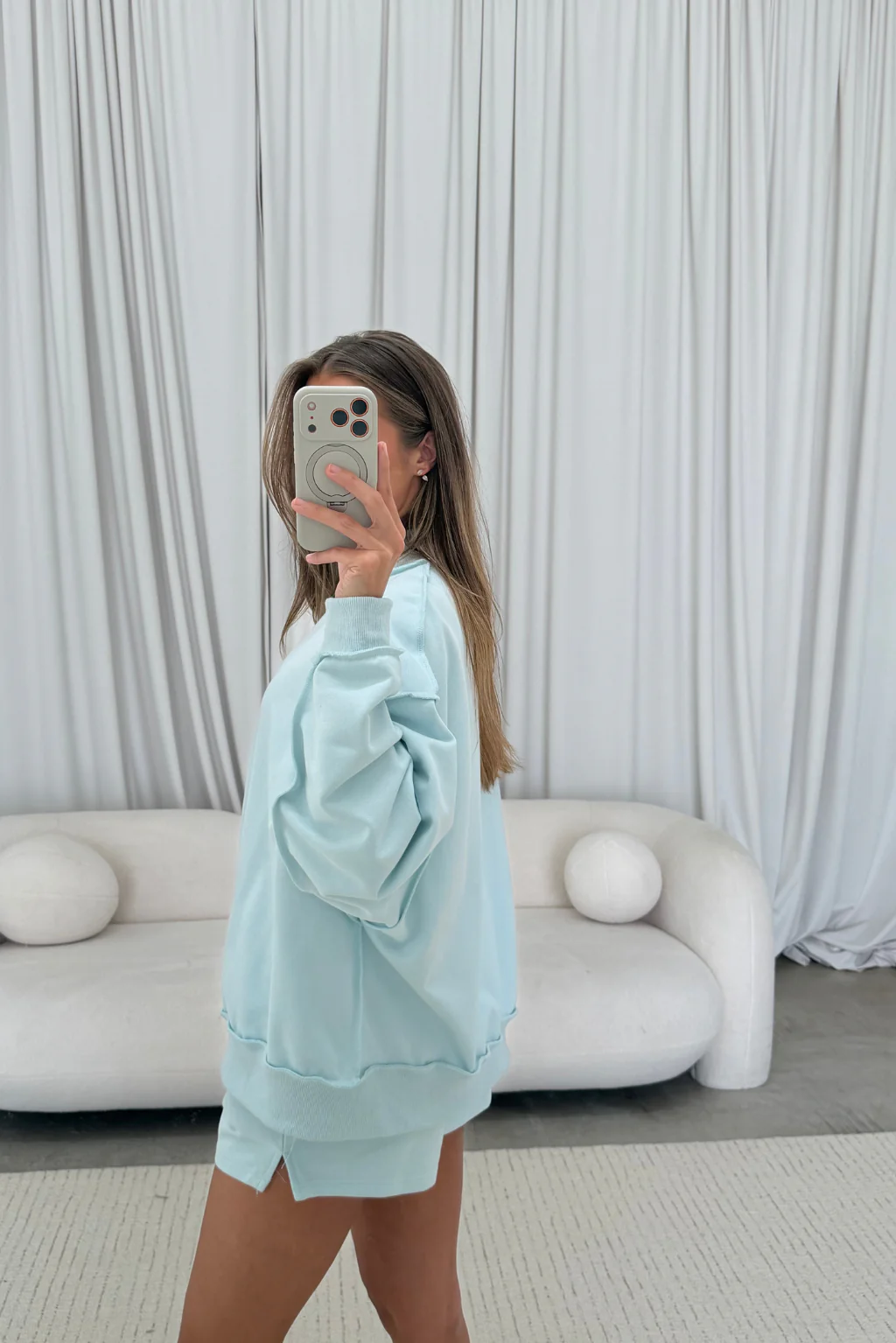 Tillie Relaxed Mock Neck Pullover and Shorts Set in Baby Blue - Image 3
