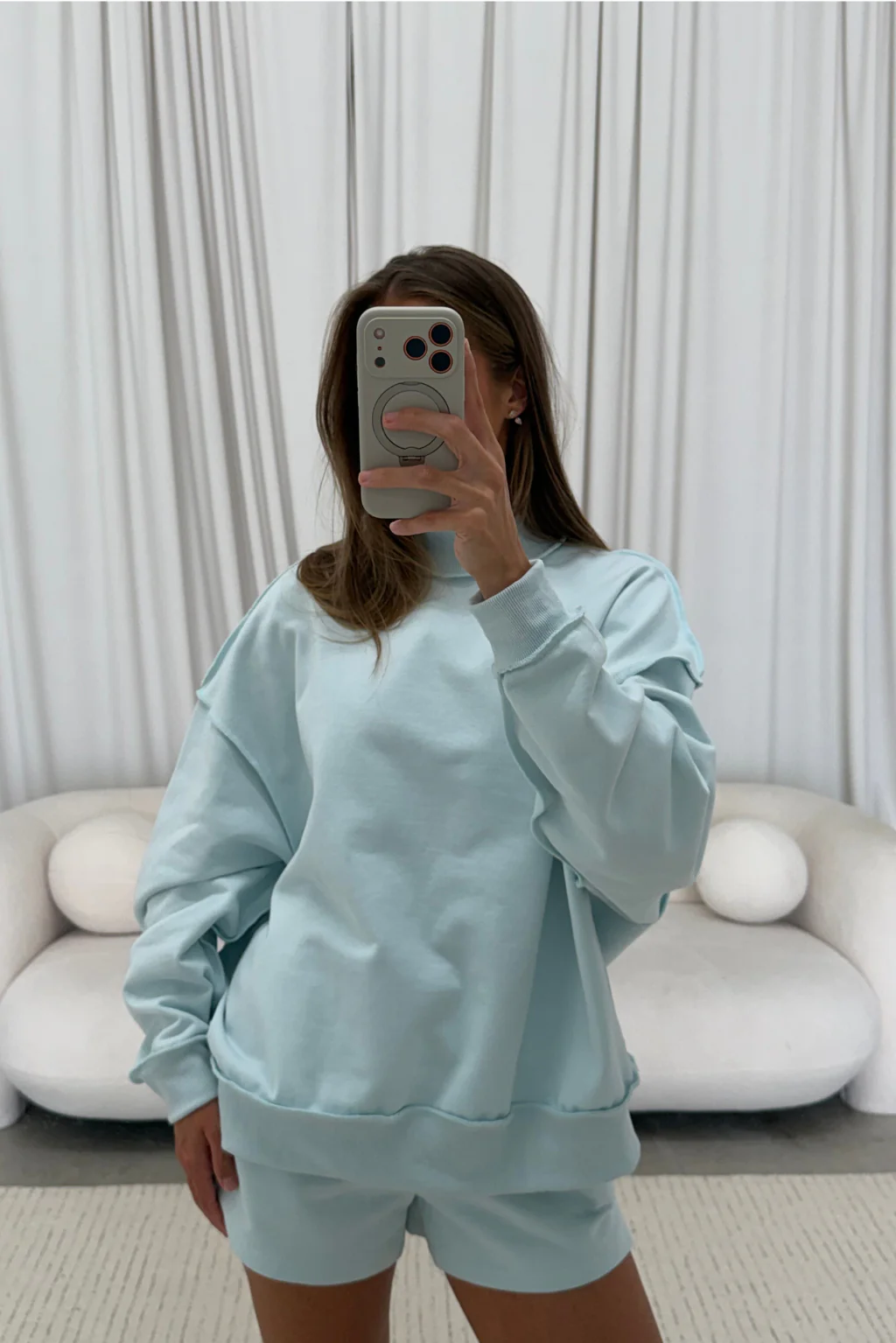 Tillie Relaxed Mock Neck Pullover and Shorts Set in Baby Blue - Image 4